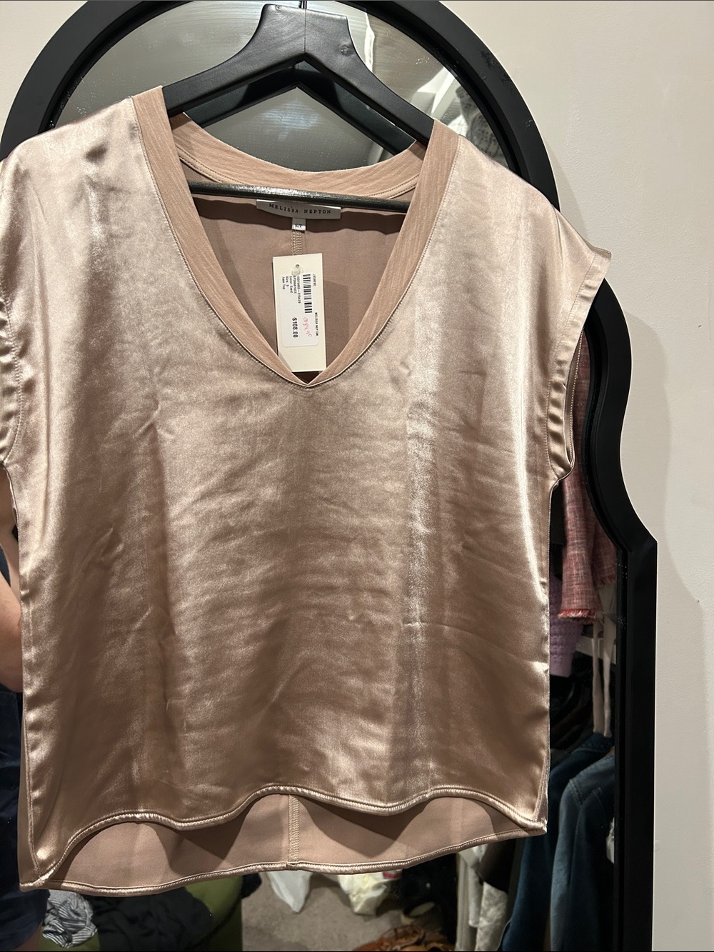 MELISSA NEPTON Satin V-Neck Top — Taupe